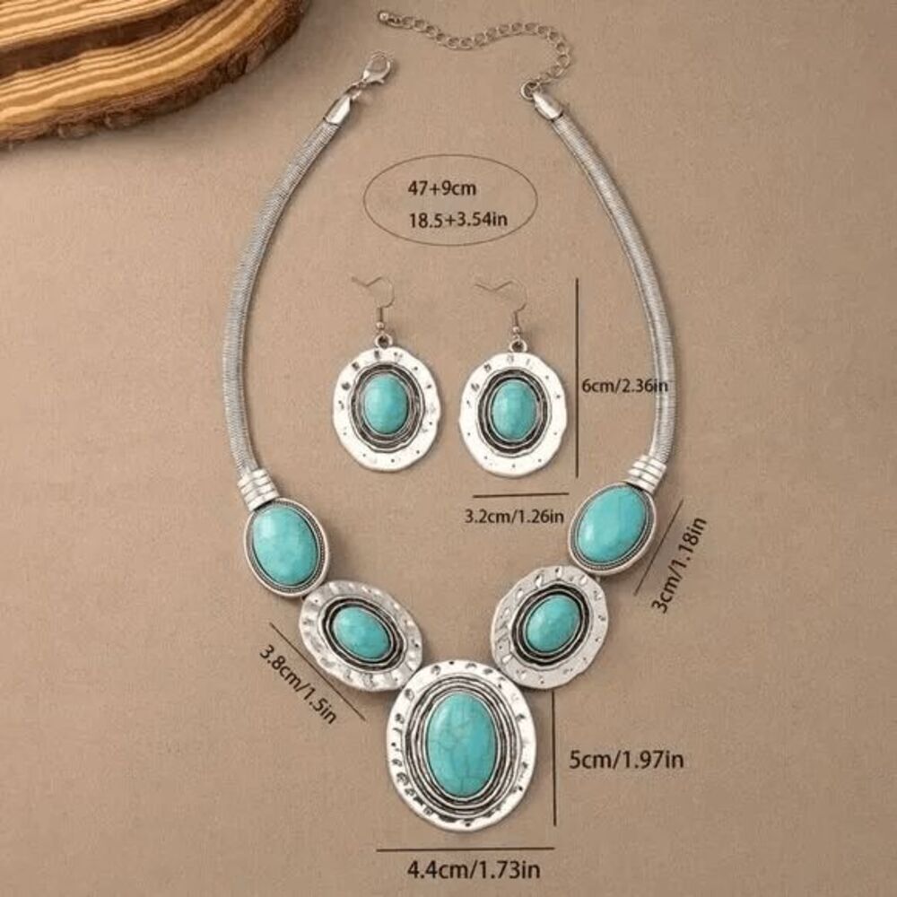 Western Boho Turquoise Silver Necklace and Earring Set - Picture 5 of 11